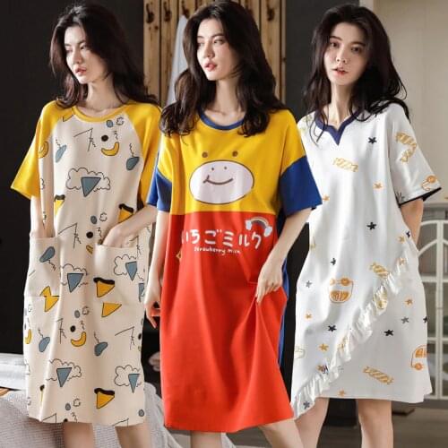 2021 Summer Short Sleeve Cotton Nightgowns for Women Korean Cute Cartoon Sleepwear Femme Night Gown Nightdress Home Dress Nighty