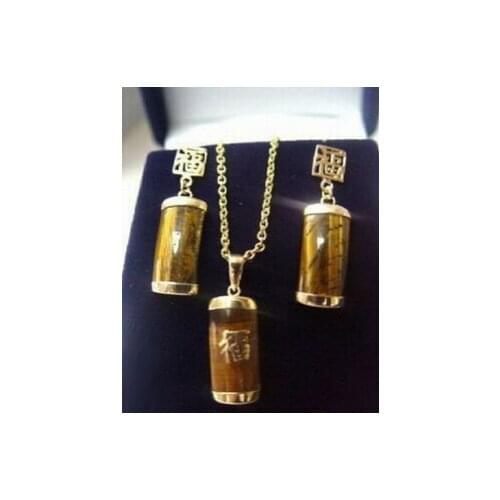 Free shipping .227 Real Tigereye Tigers Eye Opal 18KGP Fortune Pendant Necklace Earrings Set