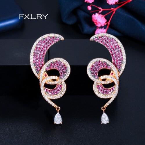 FXLRY Luxury Geometric Red Cubic Zirconia Long Dangle Drop Earrings for Women Wedding Jewelry