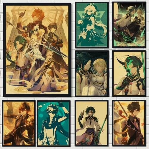 Genshin Impact Anime Kraft Paper Canvas Painting Posters and Prints Study Bedroom Bar Cafe Wall Cartoon Wall Stickers Home Decor