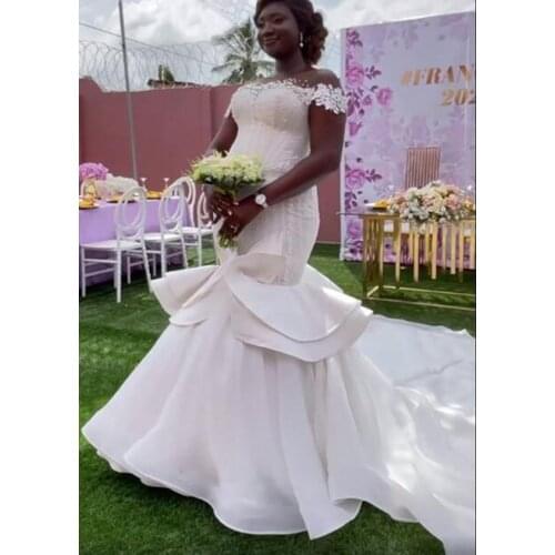 Best Selling Off the Shoulder Strapless Wedding Dresses with Crystals Sweep Train Satin Ruffles Mermaid Bridal Gowns