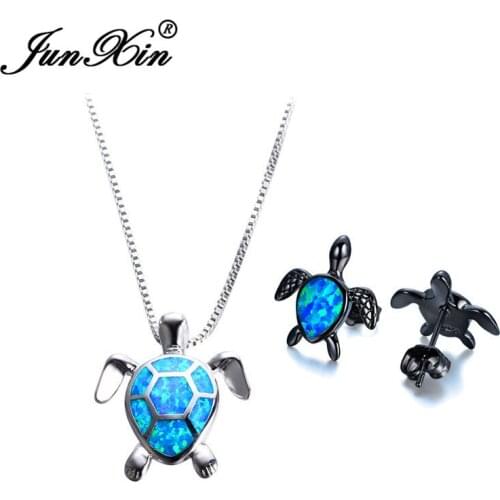 JUNXIN Fashion Blue Fire Opal Bridal Jewelry Sets Silver Color Filled Turtle Necklace Black Gold Filled Stud Earrings For Women