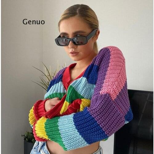 Rainbow Stripe Knit 90s Cardigans Women Preppy Style Cute Kawaii Aesthetic Knitwear Contrast Stitch Y2K Crop Sweaters