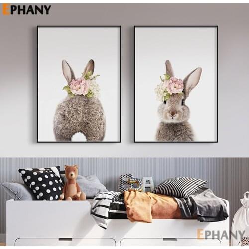 Kawaii Flower Rabbit Wall Art Canvas Posters and Prints Animal Bunny Paintings Picture for Living Room Modern Home Decor
