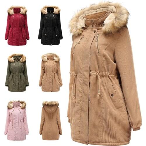 Womens Corduroy Cotton Outerwear Cotton Coat Jacket Ladies Winter Plus Velvet Thick Warm Jackets Zipper Overcoat