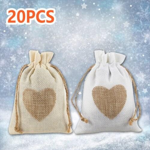 20 Packs Linen Burlap Bags Heart Drawstring Pouch Candy Gift Pockets for Wedding Party Birthday Christmas Thanksgiving
