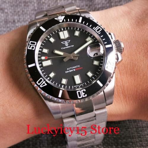 Tandorio NH35A Men Automatic Wristwatch Sapphire Crystal Magnifier Black Ceramic insert Polished Bracelet Screwdown Crown