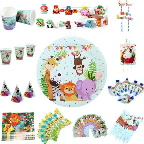 Safari Party Cartoon Animal Disposable Tableware Sets Baby Shower Birthday Jungle Party Supply Kid Boys Favor Birthday