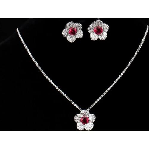 Sparkling Flower Shaped Red Rhinestone Crystal Earring And Necklace Pendant Sets For Fashion Women Jewelry