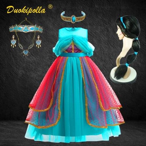 Boutique Halloween Girls Jasmine Dress Up Children Aladdin Princess Cosplay Costume Toddler Wedding Shoulderless Gowns Fairy Wig