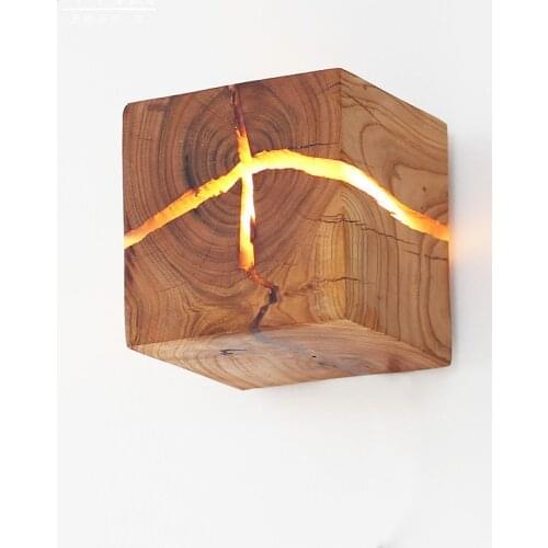 Cracked Wood Grain Wall Lamp Aisle Corridor Lamp Square Solid Wood Wall Bedside Lamp Night Light for Living Room Hallway Balcony
