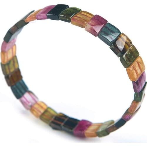 Genuine Natural Crystal Rectangle Beads Colorful Tourmaline Stone Fashion Stretch Bracelet Women Gift 9*6*4mm