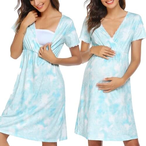 Maternity Nuring Dress Pajamas Nightgowns Lace Tie-Dye V-neck Pregnancy Nightdress Breastfeeding Sleepwear For Pregnant Women