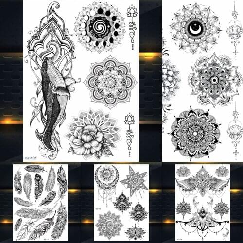 REJASKI Black Henna Temporary Tattoos Feather Sticker Mehndi Mehndi Rose Mandala Flower Fake Tatoos Art Custom Tattoo For Women