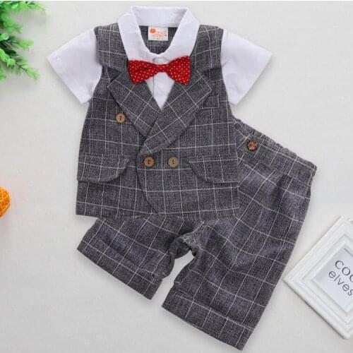 [ shirts + pants ] Blue Handsome Gentleman Boy Bow tie suit summer outfit shirt baby boy party dress children kids clothes 6-18M