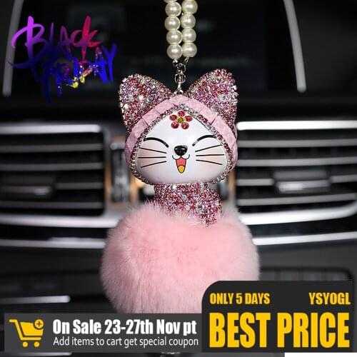 Lovely Cat Car Decoration Pendant Rhinestone Fur Ball Rear View Mirror Hanging Accessories Cute Car Accessories Girls Women Gfit