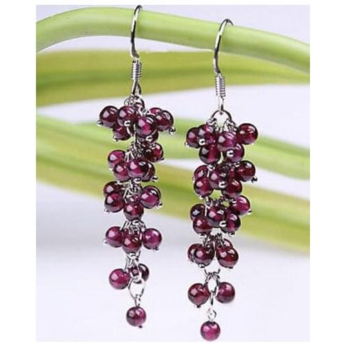Red Garnet Beads Cluster Grape White Gold Plated Hook Earrings