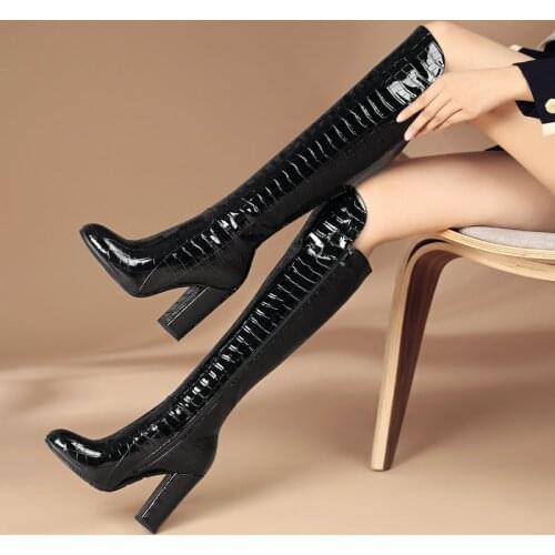 2021 Designer Fashion Knee High Boots Autumn Winter Women Boots Sqaure High Heels Zipper Round Toe Female Shoes