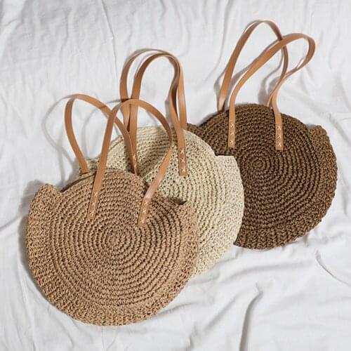 Female Shoulder Bags Straw Woven Large Capacity Handbags Casual Women Shoulder Tote Bags with Round Shape for Shopping