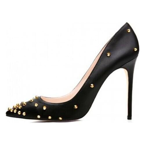 Sexy lady metal Rivets Womens Shoes Pumps Black Heels Woman Sexy Pointed Toe High Heels