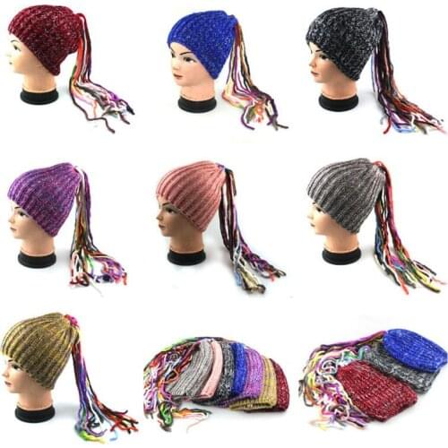 Winter Autumn Men Women Hat Christmas Soft Warm Cap Handmade Knitted Hat with Long Colorful wig