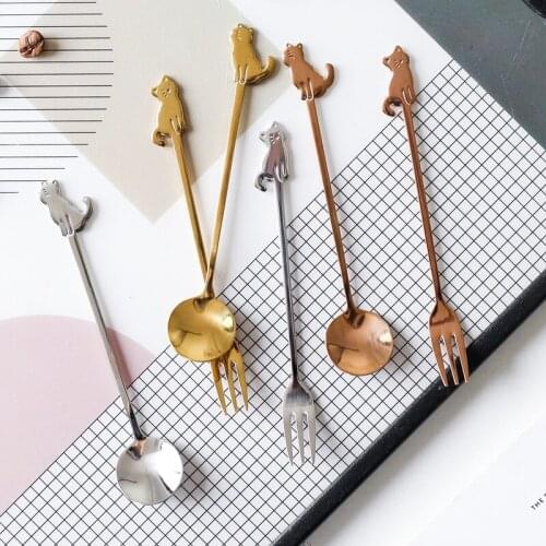 1PC 304 Stainless Steel Cat Handle Spoon Fruit Dessert Fork Spoon Cute Cartoon Spoon Cat Spoon