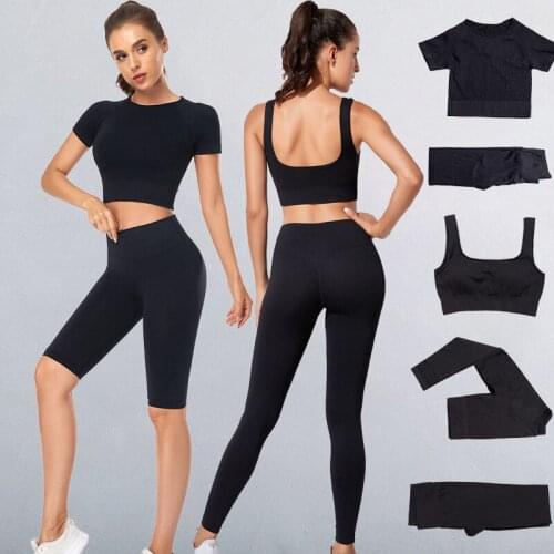 2/3/5PCS Seamless Sports Suit Women Sports Outfit Fitness Yoga Sets Legging Long Sleeve Workout Sportswear Ribbed Gym Clothes