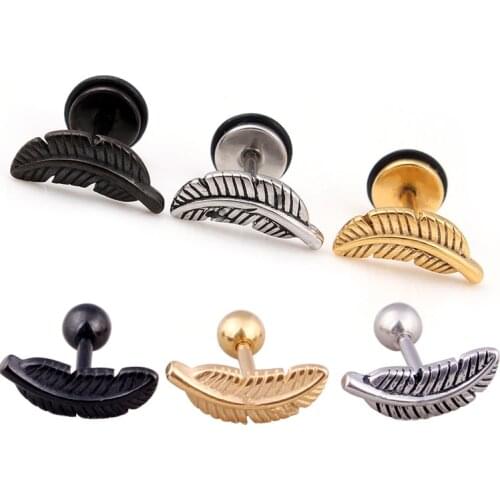 Alisouy 2 pieces Stainless Steel Feather Barbell Ear Cartilage Helix Stud Bar Earring Piercing stud earrings for men women