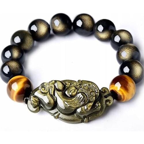 Natural Black Gold Obsidian Stone Bracelet Round Beads with Dream Pixiu Crystal Bracelet for Women Men Women Jewelry JoursNeige