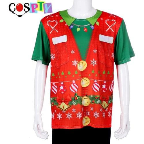 Cospty Xmas Carnival Party Red Printed Tree Deer Bell Men Top Short Sleeve Cosplay Costume Homme Christmas Shirt