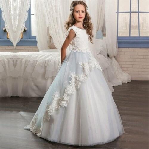 Flower Girl Dresses Lace Applique Sleeveless O-neck Floor Length Tulle Gown First Holy Communion Party Princess Pageant Dress