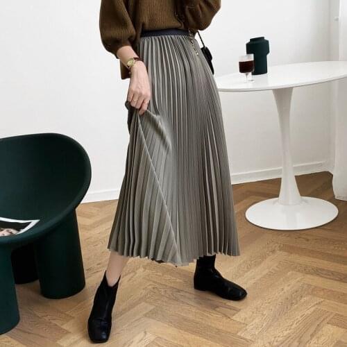 Elegant Women Skirt High Waist A-Line Autumn Pleated Skirts Woman Midi Skirt Elastic Waist Faldas Mujer Moda 2020 Womens Skirts