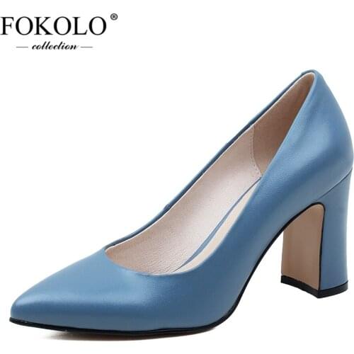 FOKOLO Pumps for Women Spring and Autumn Pointed Toe Square Heel Genuine Leather High Heels High Quality Handmade Lady Shoes GC8