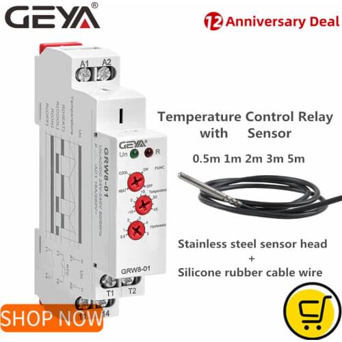 GEYA GRW8-01/02 Din Rail Temperature Monitoring Relay 16A Wide Range Voltage AC/DC24-240V with Waterproof Sensor