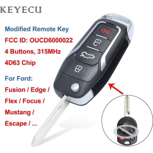 Keyecu Modified Flip Remote Key Fob 4 Buttons 315mhz 4D63 for Ford Focus Fusion Edge Escape Mustang FCC ID: OUCD6000022