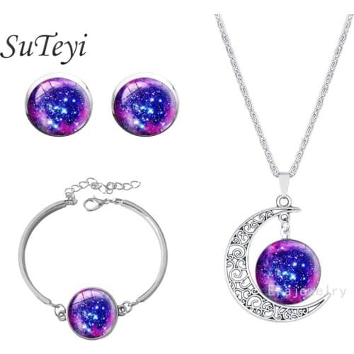 SUTEYI Star Galaxy Nebula Necklace Set Charms Art Picture Crystal Pendant Stud Earrings Necklaces Bracelet Sets Women Jewelry