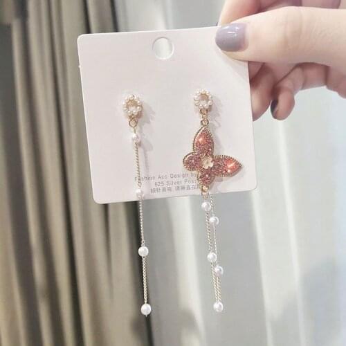 Sweet Girl Fashion Earrings 2020 New Temperament Earrings Summer Butterfly Long Tassel Pearl Crystal Earrings Women Amybaby