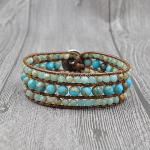 Multilayers Wrap Bracelets Handmade Boho Natural Stones Beaded Cuff Bangles for Girls with Blue Beads on Wax Leather Cord Braide