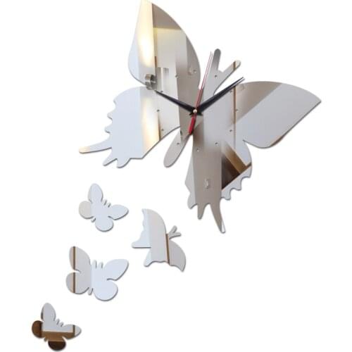 Top fashion diy wall clock modern home decoration butterfly stickers Balcony acrylic mirror Quartz still life wall clocks
