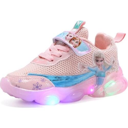 Disney 2021 autumn new mesh princess childrens sports shoes childrens soft-soled casual shoes light up Aisha girls shoes