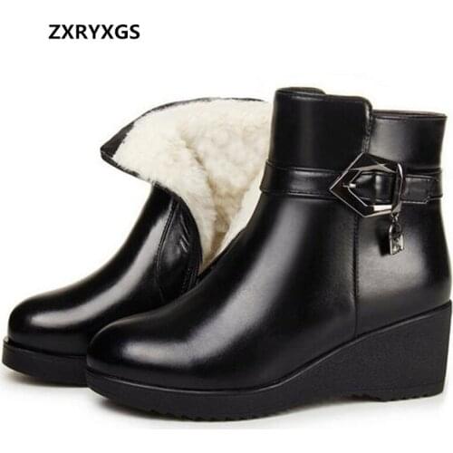 New Fashion Top Cowhide One Fur Wool Boots Warm Snow Boots Black Shoes Non-slip Wedges Heels Winter Boots Snow Shoes Woman Boots