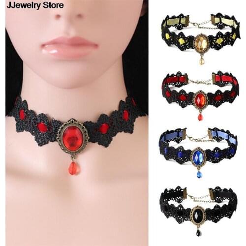 Bohemia Lace Gothic Tattoo Choker Necklace Women Vintage Crystal Necklaces Gothic Punk Collar Choker Jewelry Black Red Blue