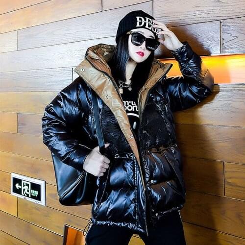 2021 Winter New Coffee Color Net Yarn Splice Waist Parka Coat New Hooded Cotton Jacket Fashion Loose Warm Casual Thick Outerwear