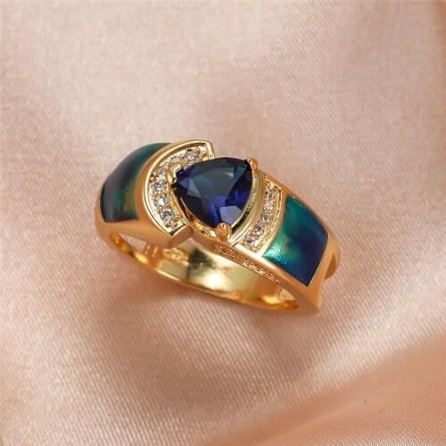 Blue Crystal Zircon Ring Cute Triangle Stone Rings For Women Men Wedding Jewelry Vintage Fashion Yellow Gold Blue Fire Opal Ring