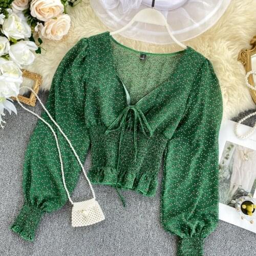 Retro floral chiffon shirt top 2021 spring new shirt V-neckdesign sense puff sleeves waist slimming cropped top women