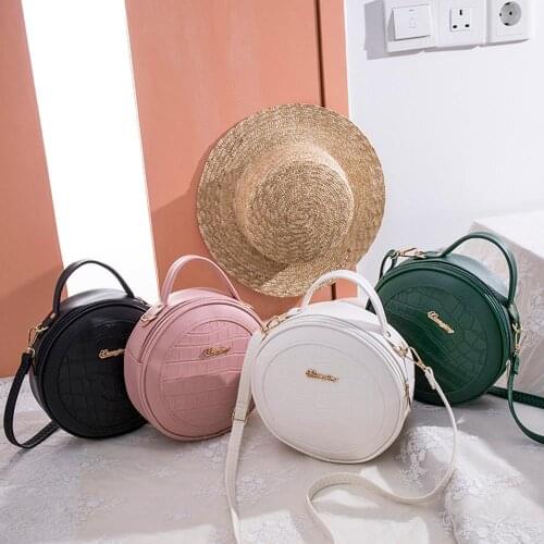 Women Small Round Shoulder Bag Alligator PU Travel Circle Zip Crossbody Handbag Popular Simple Female Daily Bag