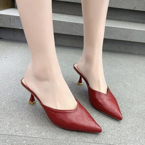 Hot 2021 New Mules Heels Shoe Black PU High Heel Shoes Women fashion sexy Sandals Sliper Woman Shoes Zapatos Mujer size 35-39