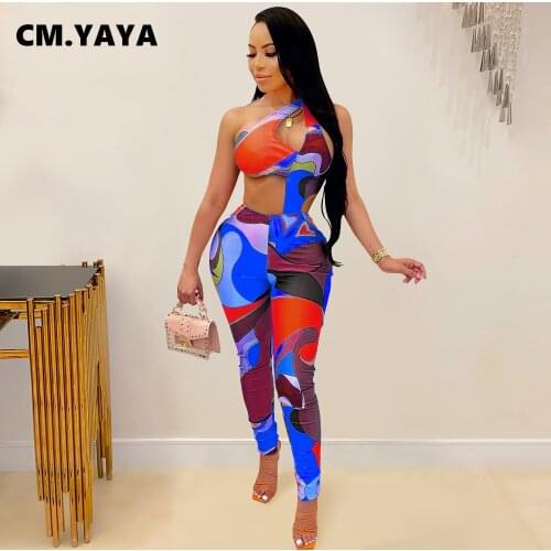 CM.YAYA Women Jumpsuit Print Sleeveless One Shoulder Cut Out Strechy Bodycon Jumpsuits One Piece Overalls Summer Outfits 2021