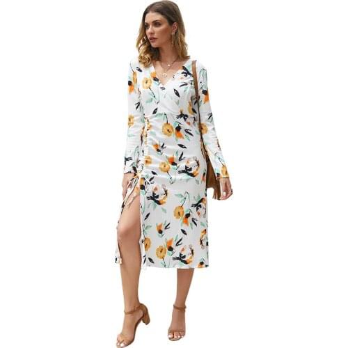 Printed Long Sleeve Dress Womens High Waist V-Neck Retro Dress Original Design 2021 Spring And Autumn Slim Slit Dress