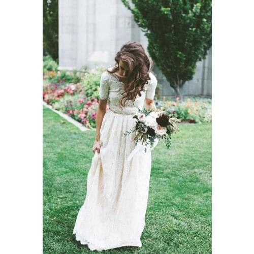 Short Sleeves Modest Boho Wedding Dresses 2020 Vintage Lace A-line Bridal Gowns Outdoor beach wedding gown Vestidos De Novia